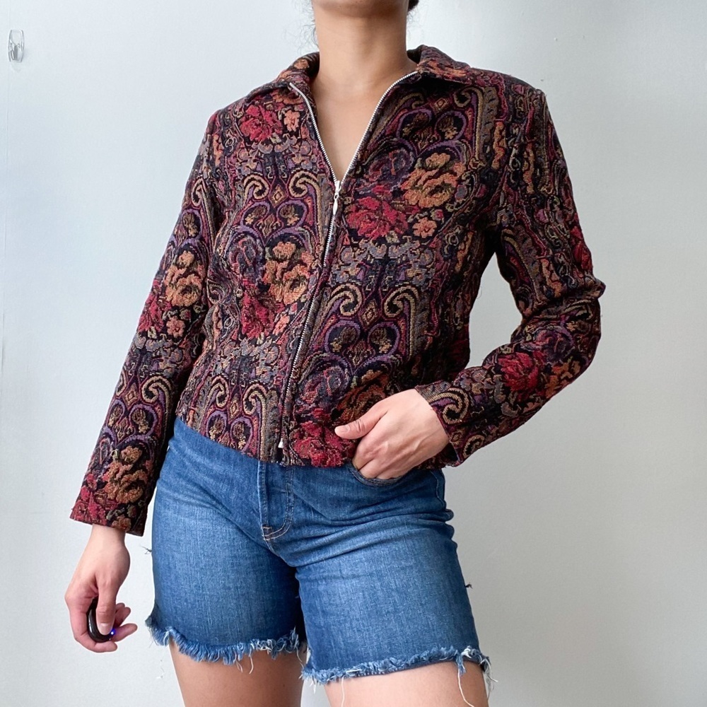 Vintage Floral Print Tapestry Front Zip Jacket Small